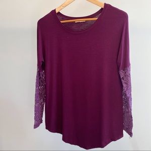 Anthropologie Bordeaux Brand Lace Inset Long Sleeve Top